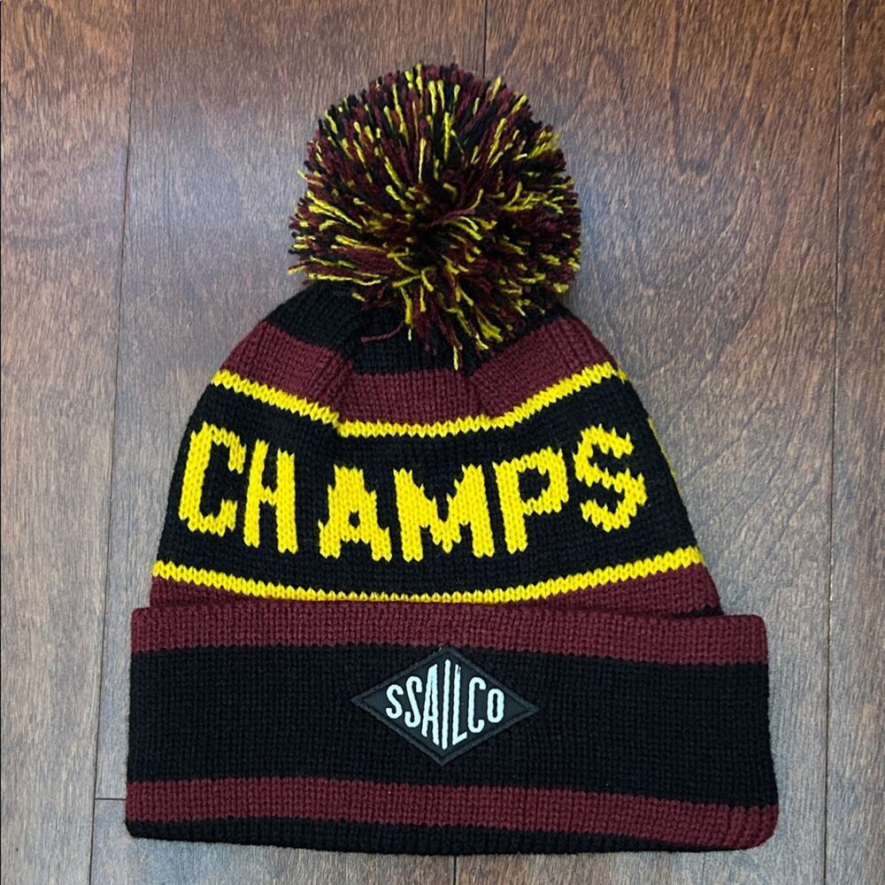 Smooth Sailing Co. Striped Pom-Pom Knitted Beanie - Black, Yellow, Maroon, NWOT
